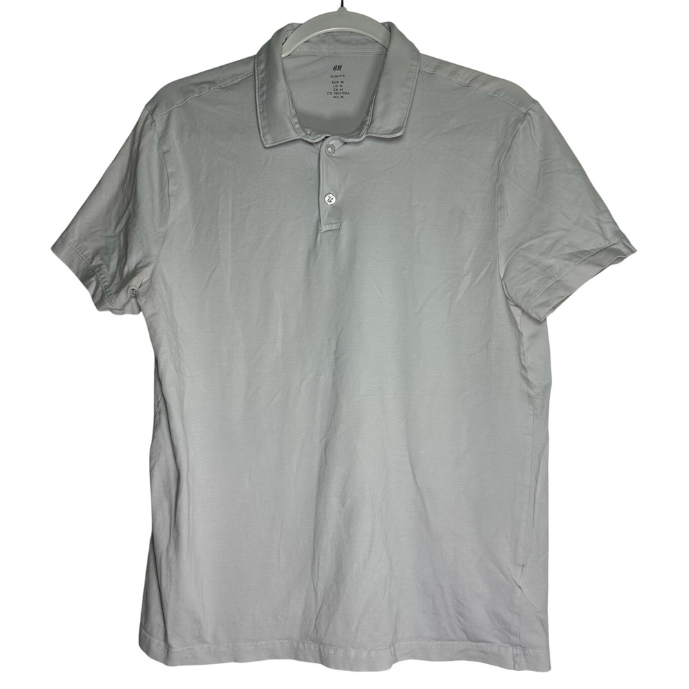 HM Mens Slim Fit Polo Shirt Light Grey Short Sleeve Cotton Stretch Size Medium‎